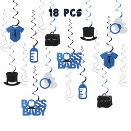 Maicaiffe Boss Baby Hanging Swirl Decorations - Glitter 18 Pcs Baby Shower Party Supplies - Boy Birthday - Welcome Baby Boy Streamers - Gender Reveal Party Foil Swirls Ceiling Decorations