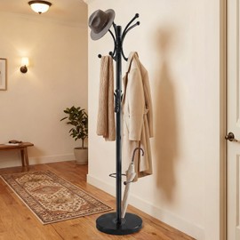 DongRong Marble Base Coat Rack Freestanding, 360° Rotary 16 Hooks Black