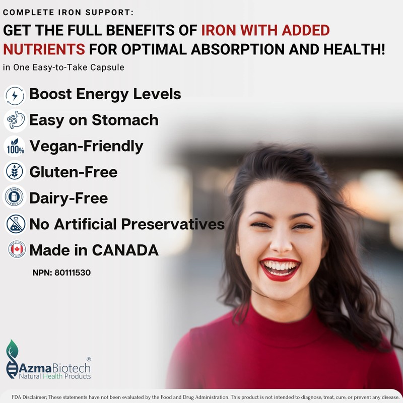 Azmabiotech Ultra Iron Supplements for Women & Men - Plant-Based