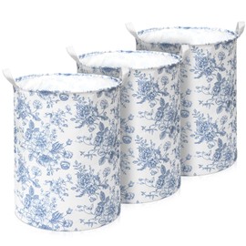 CroBlissful 3 Pcs Blue Flower Foldable Laundry Basket Large Collapsible Storage Hamper with Handle Canvas Clothes Bin Storage Basket for Bathroom, Nursery, Dorm