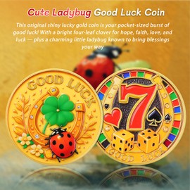 Cute Ladybug Good Luck Coin - Horseshoe Four Leaf Clover Lucky Charm - 777 Lottery Ticket Scratcher Tool Metal Chip - Poker Card Guard Protectors - Las Vegas Souvenirs Poker Player Gifts for Men Women