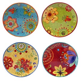 Tunisian Sunset 8.75" Ceramic Salad & Dessert Plates, Set of 4 – Assorted Multicolor Boho Designs, Folk-Inspired Plates for Appetizers, Snacks, Brunch & Everyday Eclectic Dining