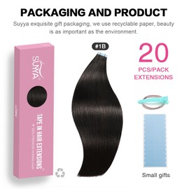 SUYYA Tape in Hair Extensions Natural Black 100% Remy Human 20 inches 20pcs 50g/pack Straight Seamless Skin Weft Hair(20 #1B Off Black)
