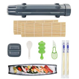 YFPOPONE Sushi Making Kit 9 Pcs, Beginner Sushi Set DIY Sushi Kit, Sushi Maker Includes Onigiri Mould Sushi Bazooka（Grey, Sushi Plate for Dipping Saucer, Sushi Set for Home Kitchens
