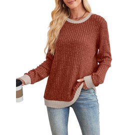 SAMPEEL Womens Tops Long Sleeve Shirts Fall Fashion 2025 Outfits Crewneck Sweaters Trendy Winter Clothing Caramel M
