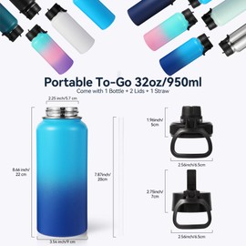 Neihepal 32 oz Insulated Water Bottles with 2 Lids (Straw & Spout Lid), 18/8 Stainless Steel Double Wall Water Bottle for Gym, Travel, Camping, Sports (Green Blue,2 Pack)
