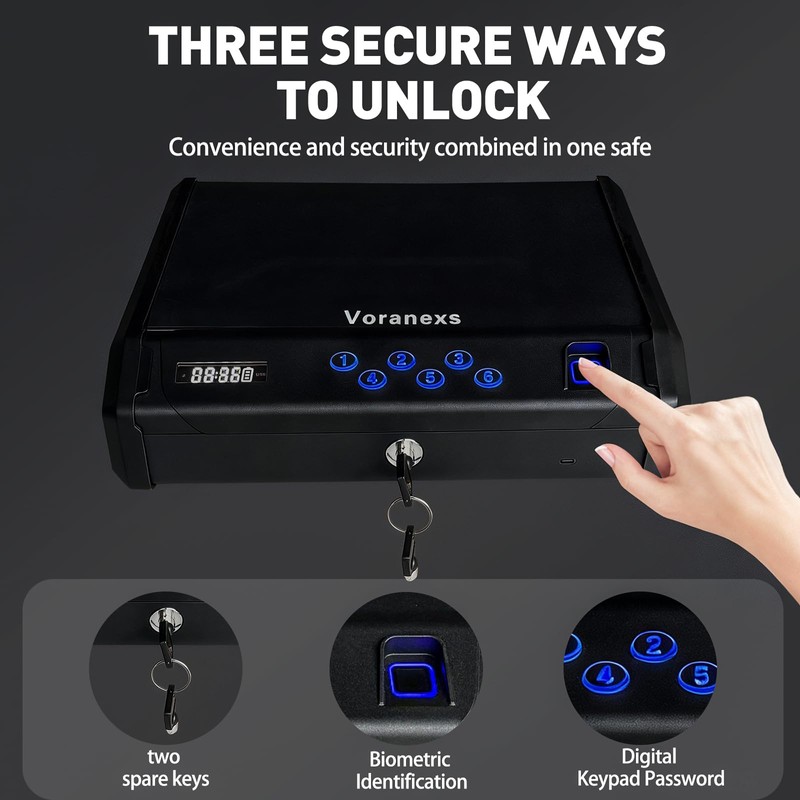 VORanexs gun safe，with 3 Quick-Access Fingerprint，Passcode，Key.with LCD Display，with Pistol Safe