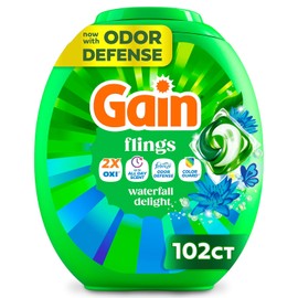 Gain Flings Ultra Oxi Laundry Detergent Pods, Odor Defense + Color Guard, Waterfall Delight Scent, concentrated laundry soap pacs, 102 Count (Packaging May Vary)
