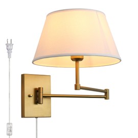 JIMUBEAM Vintage Plug-in Cord Wall Sconce with White Fabric Shade, Indoor Swing Arm Wall Mounted Lamp with on/Off Switch, Antique Brass Sconce Wall Lighting for Bedside Living Room Hallway