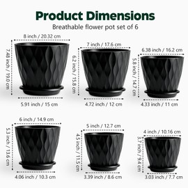 Plant Pots, Self Watering Planters with Drainage Holes and Trays, Flower Pots for Indoor Outdoor - 6 Pack(4/5/6/6.5/7/8 Inch) (Black)