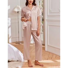 Ekouaer Womens Silk Satin Pajama Sets 2 Piece Button Up Bride Pjs Soft Short Sleeve Sleepwear Long Pants Loungewear, Champagne, Medium