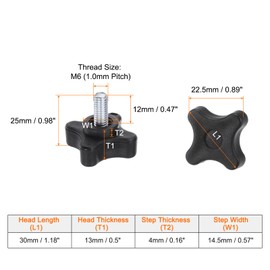 sourcing map 2pcs Star Knobs M6 x 12mm Male Thread Plastic 4-Star Stud Knob Hand Tightening Clamping Screw Replacement Threaded Handle, Black