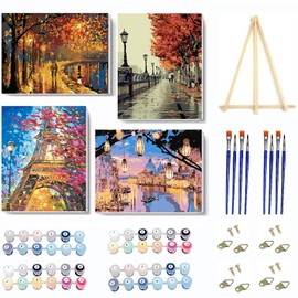 VIGEGU 4 Pack Paint by Numbers kit for Adults Framed Canvas - with Wooden Easel, Adults' Paint-by-Number Kits Urban Landscape DIY Acrylic Oil Painting for Wall Decor and Gift 7.8x11.8inch