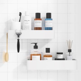 Kitsure Shower Shelf No Drilling - Pack of 2 Rustproof Bathroom Organiser, Quick Drying Bathroom Shelf No Drilling with Large Capacity, Durable Shampoo Holder for Shower Made of Stainless Steel, White