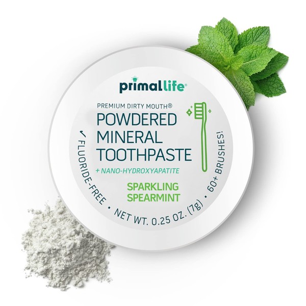 Primal Life Organics Dirty Mouth Toothpowder, Tooth Cleaning Powder, Flavored Essential Oils, Hydroxyapatite, Natural Kaolin, Bentonite Clay, USE: 60+ Brushings, Paleo, Organic, Vegan Spearmint 0.25oz