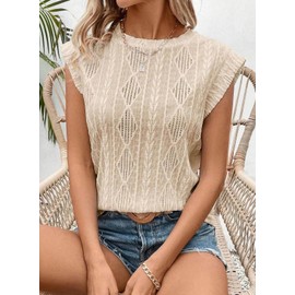 SHEWIN Spring Tops for Women Fashion Crewneck Short Sleeve Shirts Lightweight Comfy Soft Crochet Tops for Women Apricot Medium