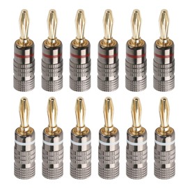 NOSTALSIC Red + White Set Solderless 24k Gold Plated Banana Plugs Easy Installation Double Screw Fixing Supports 12AWG to 18AWG Audio Speakers Amplifiers (12 Pieces(6 Pairs))