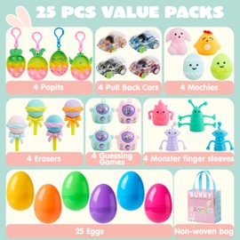 JOYIN 25pcs Prefilled Easter Eggs with Assorted Toys Plus Stickers, Easter Eggs Fillers for Basket Stuffers, Kids Hunt, Party Favors, Classroom Prize Supplies
