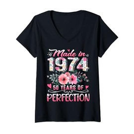 Women's Made In 1974 Floral 50th Birthday 50 Years Of Perfection V-Neck T-Shirt, black