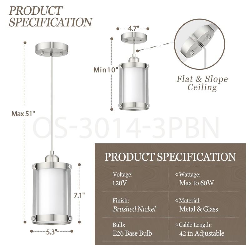 Osimir Brushed Nickel Pendant Lights Kitchen Island 3 Pack, Modern