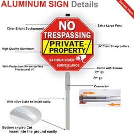 No Trespassing Private Property Sign with 28-inch Stakes, 24 Hour Video Surveillance 10x10 inches Reflective Aluminum, 2 Pack