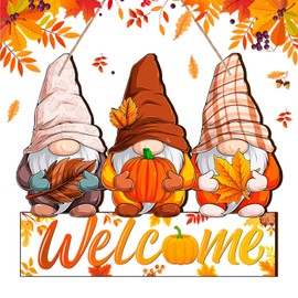 Thanksgiving Gnome Welcome Door Sign Gnomes Fall Pumpkin Hanging Sign Autumn Fall Maple Pumpkin Wooden Signs Decorative Wall Plaque with Rope for Outdoor Farmhouse Porch Front Door Decoration