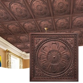 STICKGOO Drop Ceiling Tiles 24"x24", PVC Panels Plastic Ceiling Tiles Waterproof Reusable, Covers 48 Sq.Ft., Baroque Decorative Ceiling Tiles for Home & Commercial Use (Pack of 12, Antique Copper)