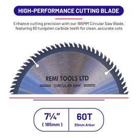 REMI TOOLS LTD Circular Saw Blades Wood Saw Blades TCT Circular 185mm x (30mm Bore)(16mm,20mm & 25mm Reduction Ring) x 60 Teeth x 2.5mm Kerf TCT Evolution Saw Blade