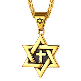 FaithHeart Star of David Pendant Necklace, Stainless Steel, Hexagram Chain with Cross / Eyes Pendant for Boys and Men,