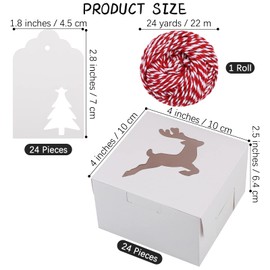 Fovths 24 Pieces Christmas Cookie Boxes 4 x 4 x 2.5 Inches White Bakery Pastry Boxes with Window Pie Gift Boxes Food Treats Container with Tags, Hemp Rope for Candy, Doughnuts, Cupcakes, Gifts