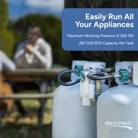 RecPro RV Propane Gas Regulator 2-Stage Auto Changeover | 11.5" Pigtail Hose Connector | 250 PSI | 287,500 BTU | Mounting Bracket & Cover | For RVs, Vans & Trailers