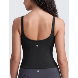 CRZ YOGA Seamless Womens U Neck Longline Sports Bra - Thin Strap Padded Workout Crop Tank Ribbed Open Back Yoga Camisole Top Black Small
