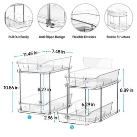 Delamu 2-Tier Under Sink Organizers and Storage, Multi-Purpose Stackable Bathroom Cabinet organizers, Pull Out Kitchen Pantry Organization and Storage with Dividers(2 Pack, Clear)