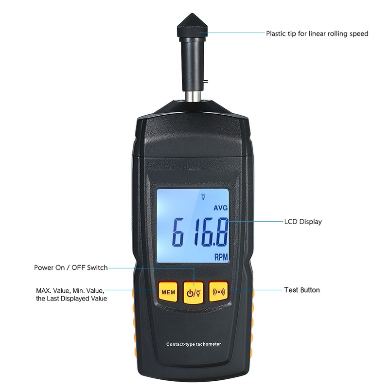 Digital Tachometer Handheld Contact Motor Tachometer LCD Speedometer Tach RPM