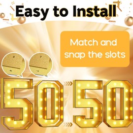 Light Up Numbers 50, 4FT Lighted Numbers 50 Marquee Glitter Gold Large Mosaic Number for 50th Birthday, Giant Marquee Sign Frame Pre-Cut Foam Board Kit for Graduation Anniversary Party
