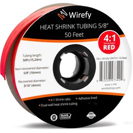 Wirefy 5/8" Heat Shrink Tubing - 4:1 Ratio - Adhesive Lined - Resistant Heat Shrink - 50 Feet Roll - Red