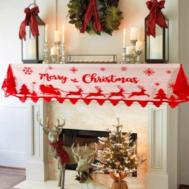 Christmas Mantle Scarf - Merry Christmas Fireplace Decorations - Red Lace Mantel Cover Garland Runner with Snowflake Reindeer Tree Santa Claus - Winter Holiday Home Living Room Decorations Indoor