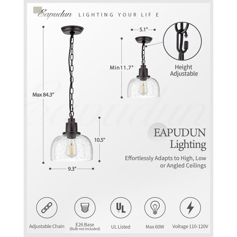 EAPUDUN 1-Pack Farmhouse Pendant Light, 1-Light Industrial Hanging Light Fixture