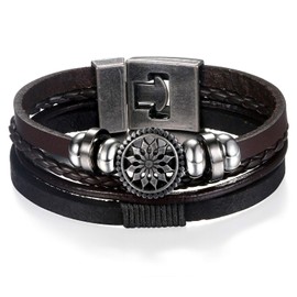 Flongo Leather Bracelet Men's Bracelet Women Bangle Friendship Bracelets BFF Bracelets for 2 Black Brown Skull Dollar Sunflower, Stainless Steel