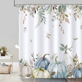 Bonhause Shower Curtain Autumn Pumpkin Green Leaf Harvest Thanksgiving Shower Curtains 180 x 180 cm Anti-Mould Waterproof Polyester Fabric Washable Bathroom Curtain for Bathroom with 12 Hooks