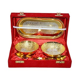 Rastogi Handicrafts 5 Pcs Aluminium Dessert Bowl 200 ml Diwali Gift Item Desert Serving Bowl Set Golden Silver Plated Decorative Bowl