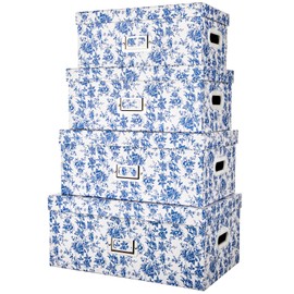 Hollyone Blue & White Storage Boxes with Lids, Cardboard Containers with Handle Holes, Rectangle Wardrobe Boxes, Set of 4 Nesting Assorted Sizes Packaging Boxes for Toys, Cloth, Home Organization