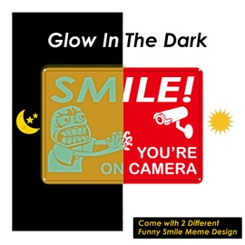 1step2dream 2-Pack Smile Your on Camera Signs |Humor and Funny Meme Design |Signs Glow In The Dark |.040 Mil Rust Free Aluminum 10×7 in, Surveillance Sign for Business, Driveway Alert, CCTV