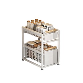 Fortuccai 2 Tier Pull-out Storage Organizer, Slide Out Kitchen Cabinet Storage Sliding Shelves, Under Sink Organizers Drawer, Mesh Cabinet Basket with Handle for Bathroom, Home(White,Double Layer S)