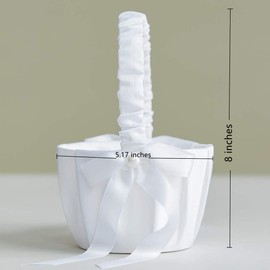 Flower Girl Wedding Flower Basket, White Western Style Flower Basket with Pearl Rhinestones Royal Bow, Suitable for Anniversary, Wedding Party Supplies