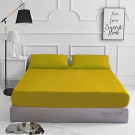 Fitted Bed Sheet With Matching FREE 2 X PILLOW CASE Plain Dyed Poly Cotton Percale Easy Care Bed Sheet Mustard Double