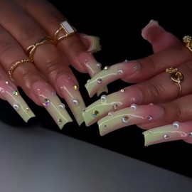 Curved Press on Nails Long Fake Nails with 5D Rhinestone Pearl Charm Design Glossy Ombre Pink White Stick on Nails Reusable Full Cover Glue on Nail Curved False Nail for Women Girls Manicure 20Pcs