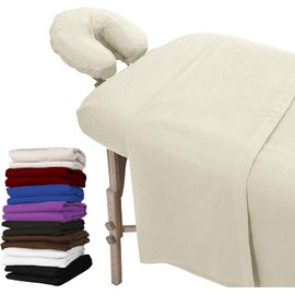 LONDON LINENS Pack of 2 Extra Thick 3 Piece Massage Table Sheets Set - 100% Natural Cotton Flannel - Includes Massage Table Cover, Massage Fitted Sheet, and Massage Face Rest Cover (Natural)