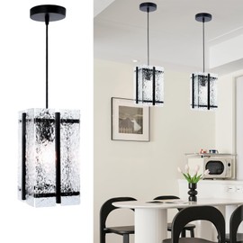 1 Pack Modern Black Square Crystal Pendant Light for Kitchen Island, Elegant Water Ripple Glass Pendant Light Fixtures, Adjustable Chandelier for Dining Room, Hallway, Bedroom, Entry