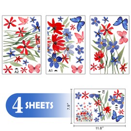 Mfault 4th of July Summer Wild Flower Patriotic Window Clings 4 Sheets, Red Blue Floral Butterfly America USA Stickers Decal Decorations, American Independence Day Home Kitchen Decor